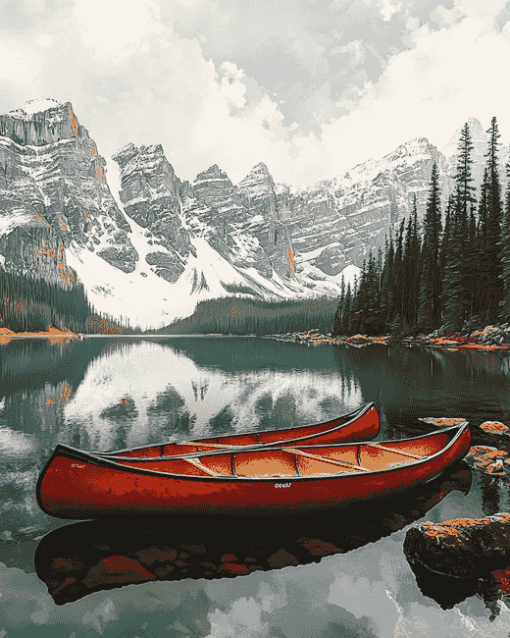 Winter Red Canoe in Canadian Landscapes Diamond Painting