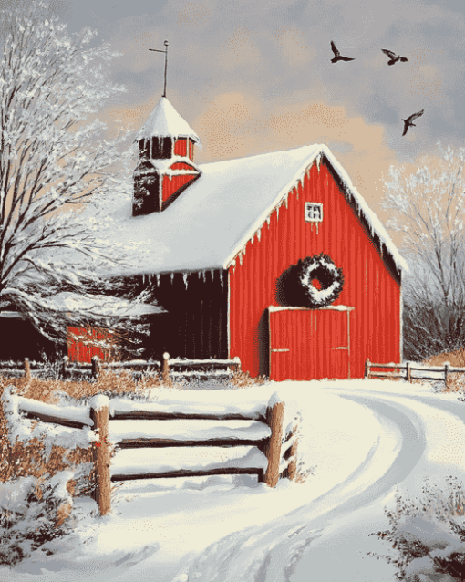 Winter's Call: Snowy Farm Landscapes Diamond Painting