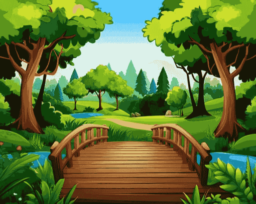 Wooden Bridge in a Cartoon Forest Diamond Painting