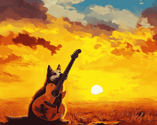 Yellow Dog with Guitar Diamond Painting