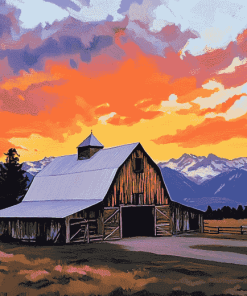 Yellowstone Barn Sunset Diamond Painting