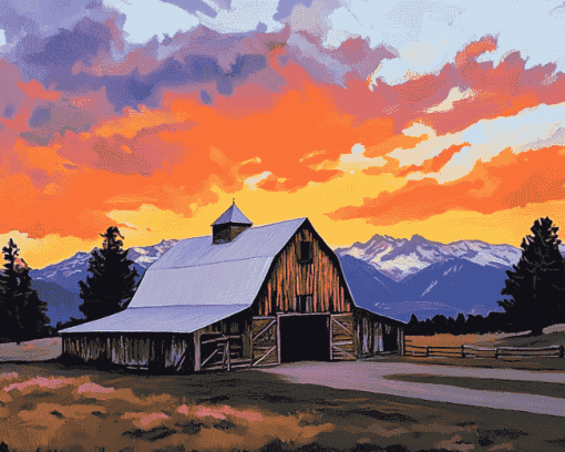 Yellowstone Barn Sunset Diamond Painting