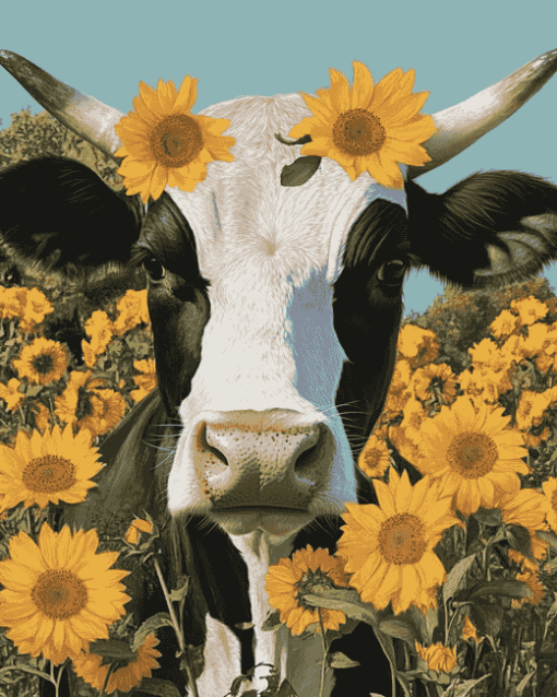 Aesthetic Cow with Sunflowers Diamond Painting