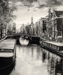 Amsterdam Black And White Barges Diamond Painting