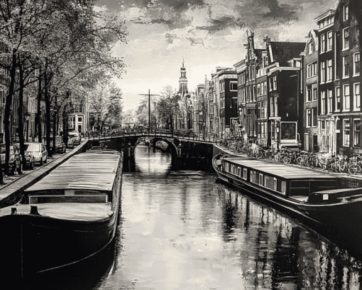 Amsterdam Black And White Barges Diamond Painting