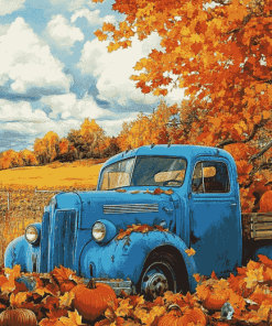 Blue Trucks and Fall Leaves Diamond Painting