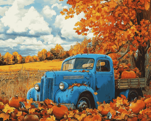 Blue Trucks and Fall Leaves Diamond Painting