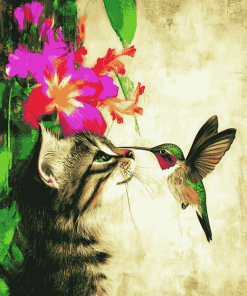 Cat and Hummingbird Diamond Painting