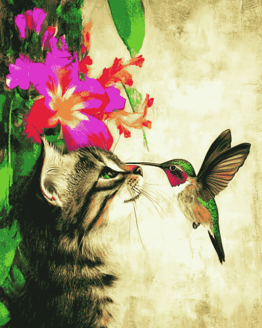 Cat and Hummingbird Diamond Painting