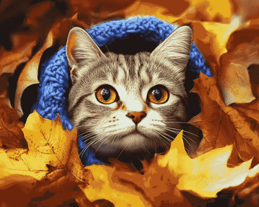 Cat and Leaves Diamond Painting