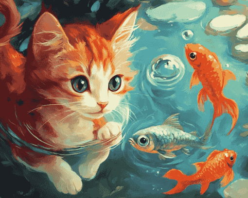 Cat with Fish Diamond Painting