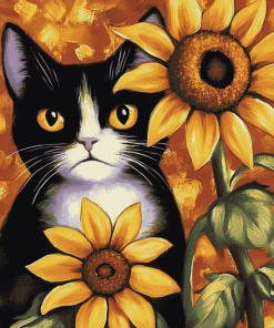 Cat with Sunflowers Diamond Painting