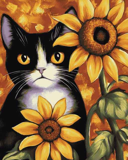 Cat with Sunflowers Diamond Painting