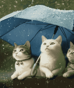 Cats and Kittens Under Umbrella Diamond Painting