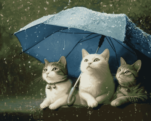 Cats and Kittens Under Umbrella Diamond Painting