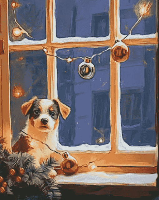 Christmas Puppies in Window Diamond Painting