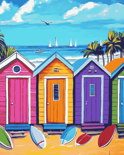 Colorful Cartoon Beach Huts Diamond Painting