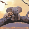 Elephant with Puppy on Tree Diamond Painting