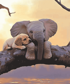 Elephant with Puppy on Tree Diamond Painting