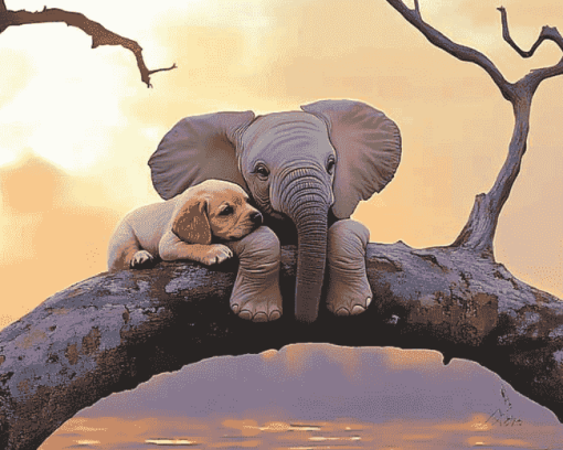 Elephant with Puppy on Tree Diamond Painting