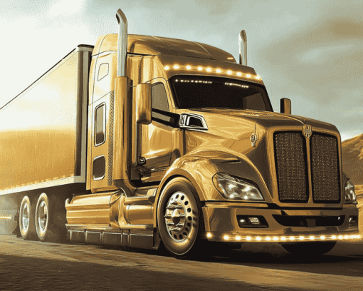 Golden Engine Semi Truck Diamond Painting