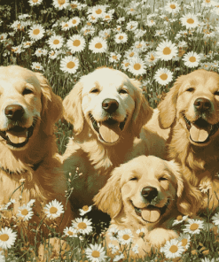 Golden Retrievers in Daisies Diamond Painting