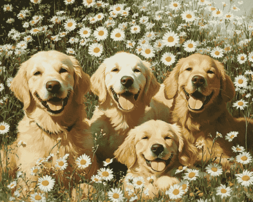 Golden Retrievers in Daisies Diamond Painting