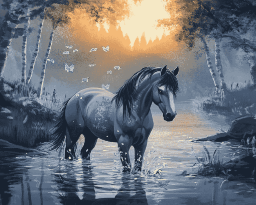 Grey Horse Splashing Diamond Painting