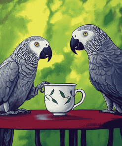 Grey Parrot Coffee Theme Diamond Painting