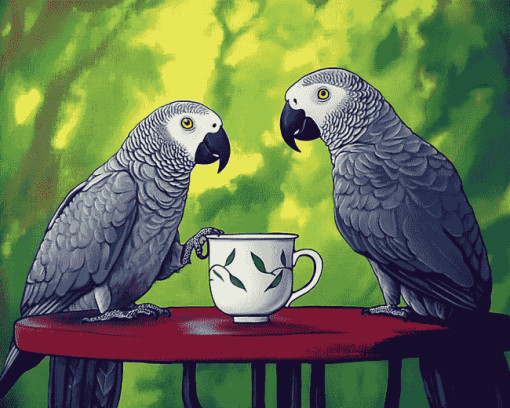 Grey Parrot Coffee Theme Diamond Painting