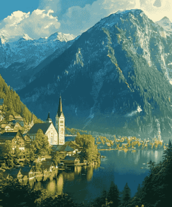 Hallstatt Mountains Scenic View Diamond Painting