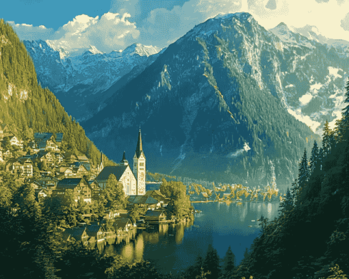 Hallstatt Mountains Scenic View Diamond Painting