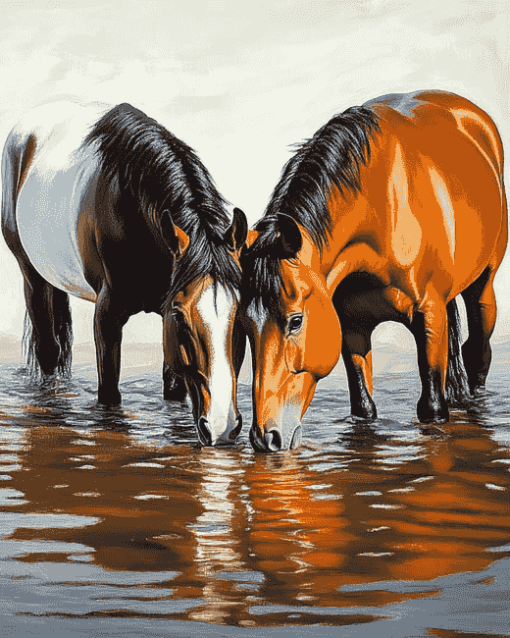 Horses Drinking Animal Art Diamond Painting