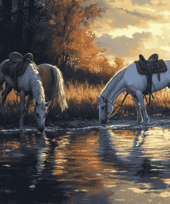 Horses Drinking Scene Diamond Painting