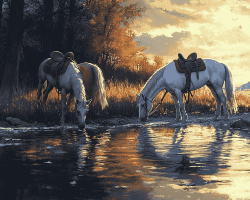 Horses Drinking Scene Diamond Painting