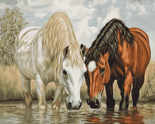 Horses Drinking Water Diamond Painting