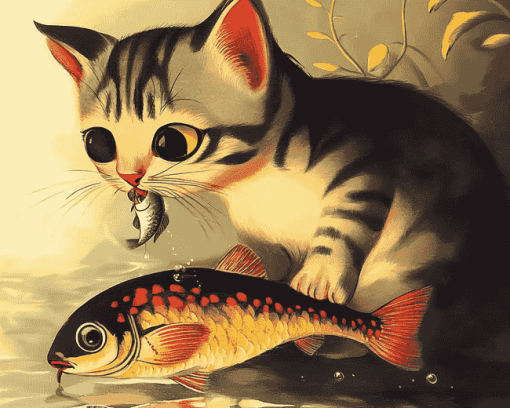 Kitty and Fish in Diamond Painting