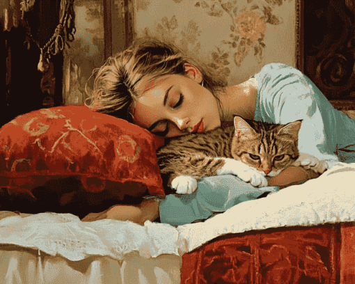 Lazy Girl and Cat Companions Diamond Painting