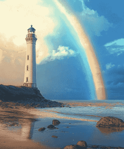 Lighthouse Over Rainbow Lake Diamond Painting