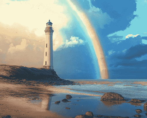 Lighthouse Over Rainbow Lake Diamond Painting