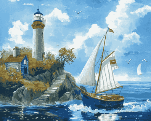 Lighthouse and Sailboat Adventure Diamond Painting