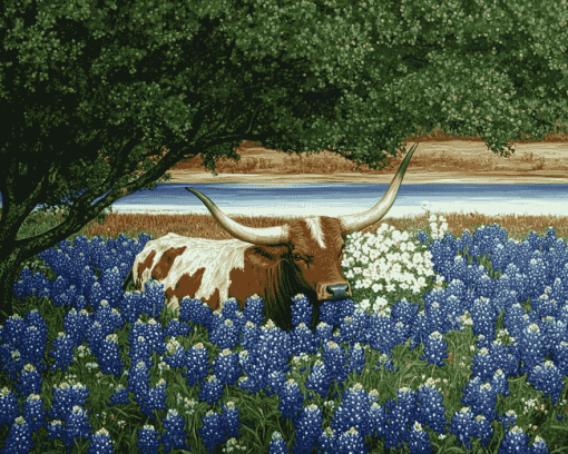 Longhorn and Bluebonnets Diamond Painting