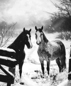 Monochrome Horses on the Farm Diamond Painting