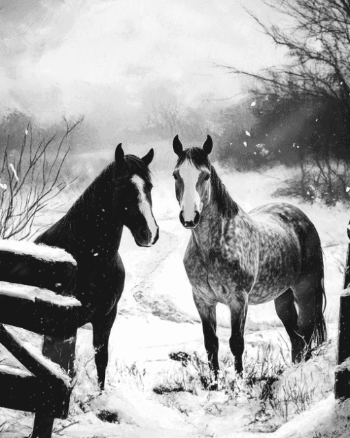 Monochrome Horses on the Farm Diamond Painting