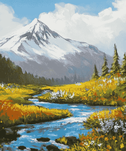 Mt Rainier Floral Landscape Diamond Painting