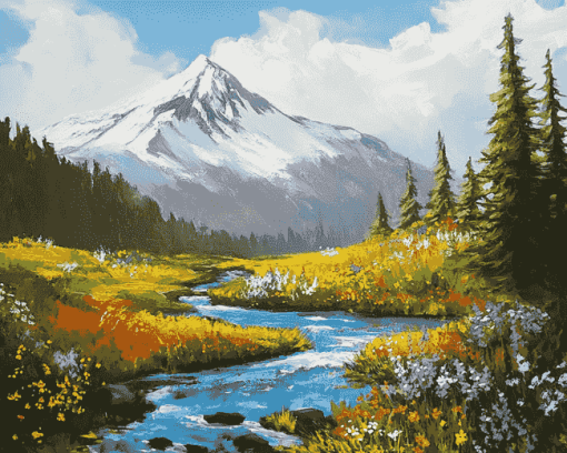 Mt Rainier Floral Landscape Diamond Painting