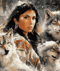 Native Wolves and Woman Diamond Painting