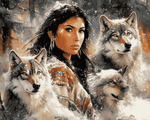 Native Wolves and Woman Diamond Painting