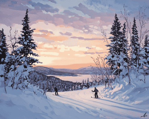 Newfoundland Sunset Skiing Scene Diamond Painting