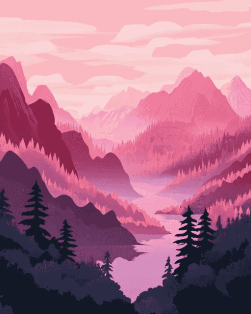 Pink Mountain Landscape Diamond Painting